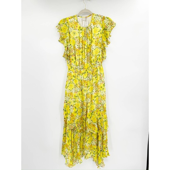 Shoshanna Candela Yellow Floral Print High-Low Ruffle Flutter Midi Dress Size 6 - Picture 3 of 7